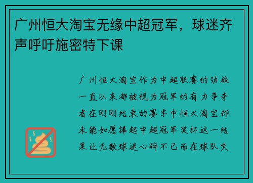 广州恒大淘宝无缘中超冠军，球迷齐声呼吁施密特下课
