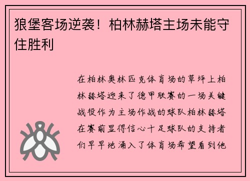 狼堡客场逆袭！柏林赫塔主场未能守住胜利
